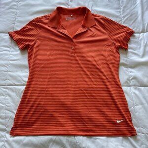 Nike Polo T Shirt Womens Large Orange White Striped Golf Tour Performance Logo